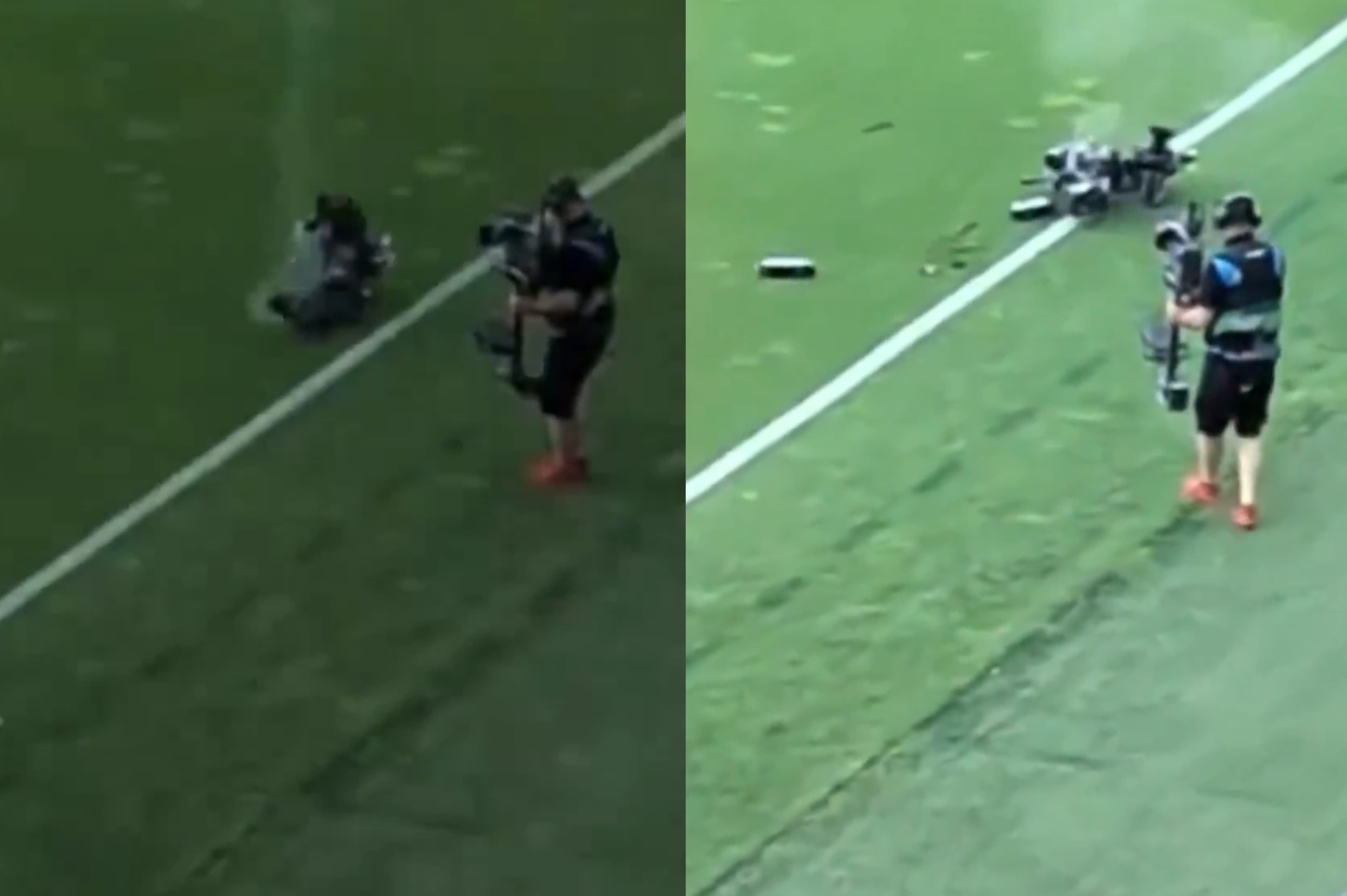 Close Call During Match: Giant Camera Falls onto Field